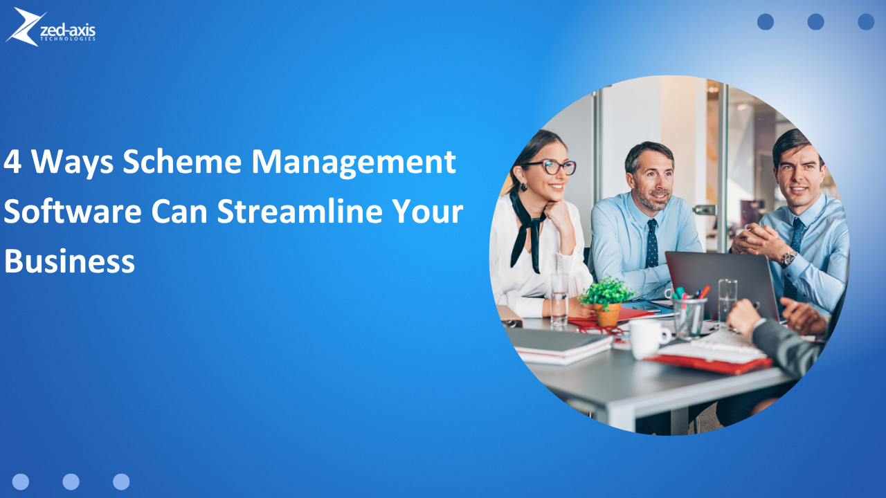 Illustration showing four ways scheme management software helps businesses streamline operations, manage offers, track performance, and improve efficiency